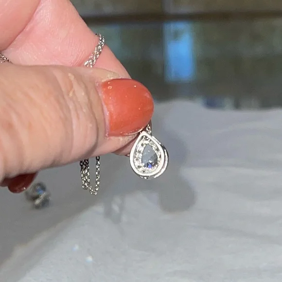 Blue Topaz,Diamonds & Silver Necklace w/Pendant & Pierced Earrings - Picture 11 of 14